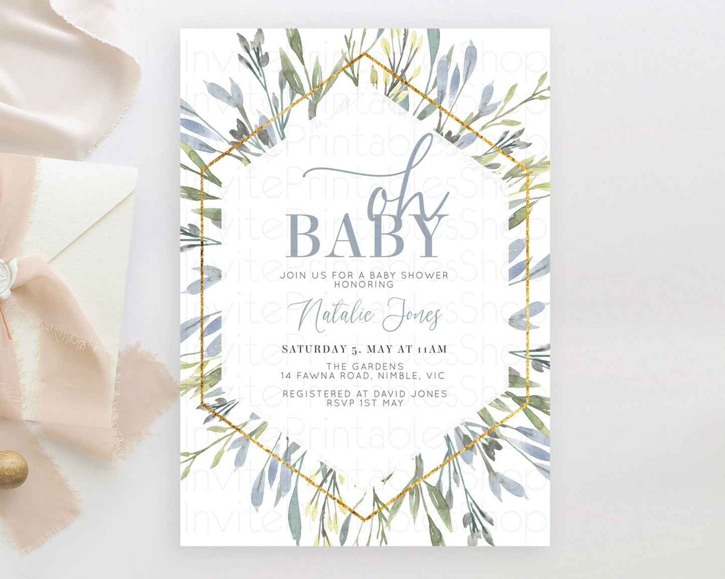 Leaf Baby Shower Invitation Leafy Watercolor Invitation Simple Greenery Invitation Eucalyptus Fern Spray Leaves Minimal Green Leaf D10532