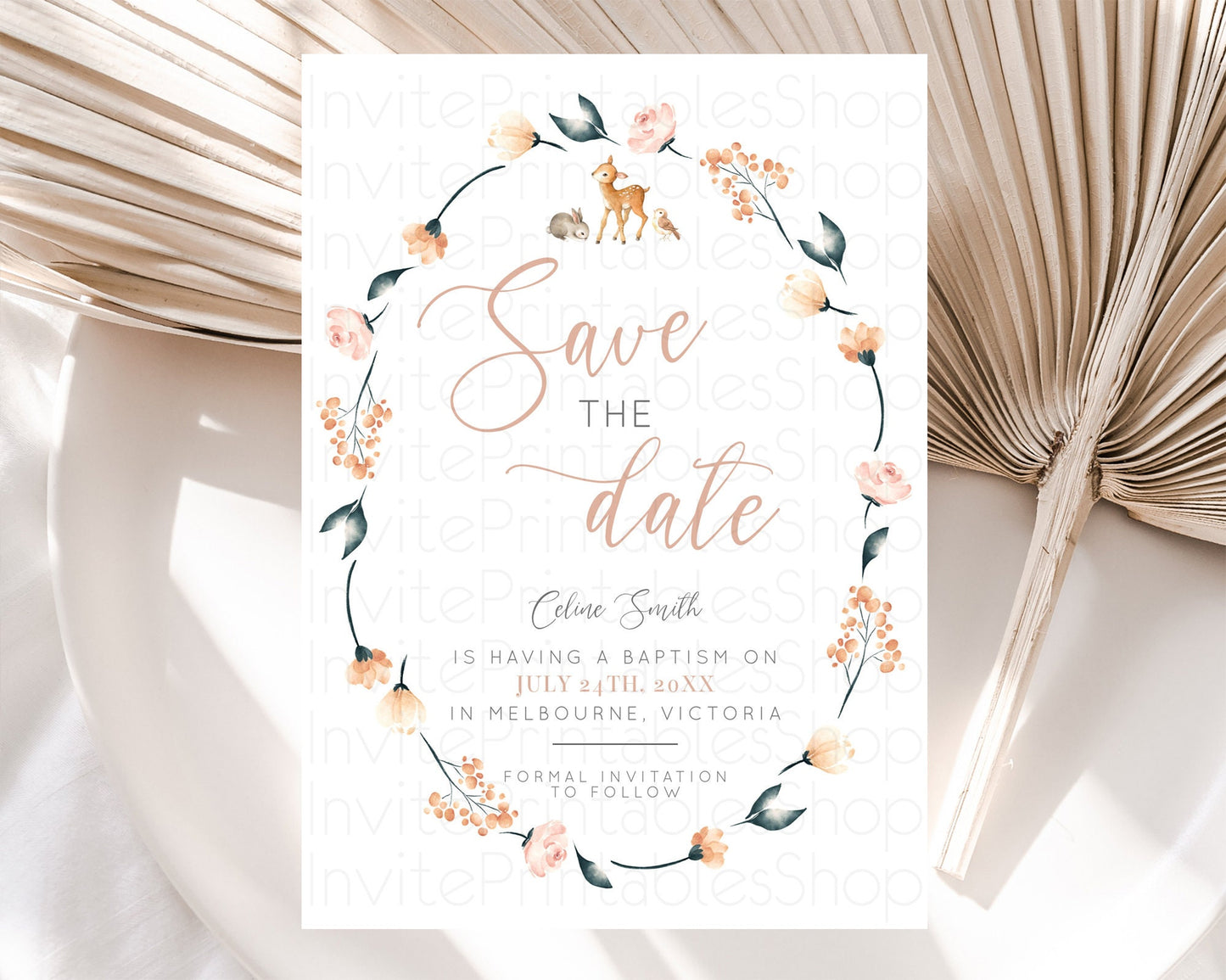 Fawn Deer Save The Date Template Pastel Floral Deer Enchanted Forest Butterfly Party 1st Birthday Baptism Baby Shower Bridal Shower D10240