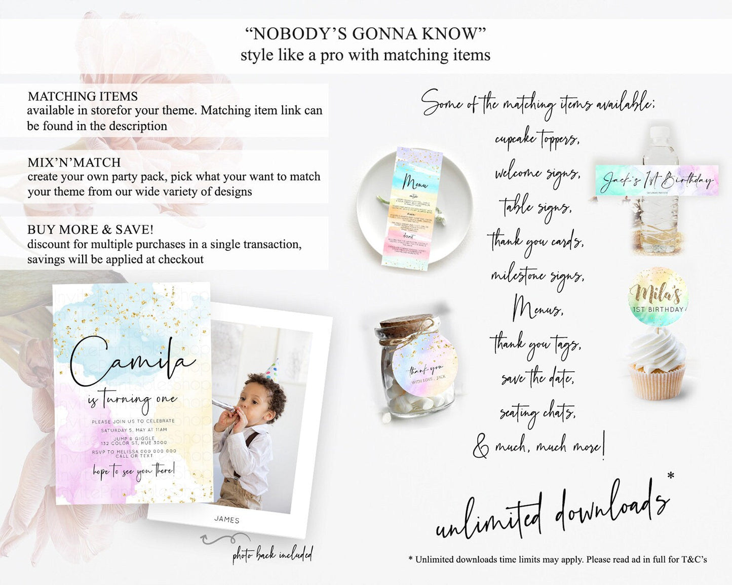 Rainbow Birthday Invitation Colorful Pastel Watercolor Invitation Gold Glitter Sprinkles Ombre Pastel 1st 2nd 3rd Birthday D10155