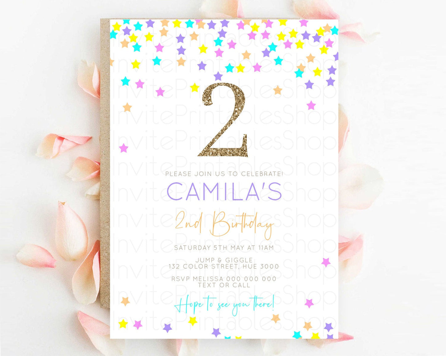 Star Birthday Invitation Pastel Stars Invite Shooting Star Party Rainbow Colorful Confetti Twinkle Little Star 2nd First Birthday D10397