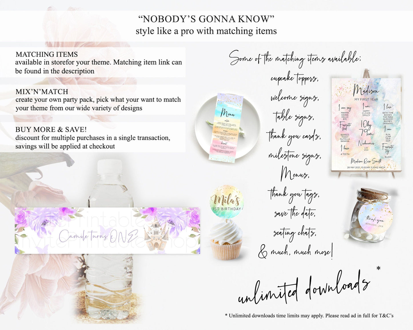 Princess Water Label Template Secret Garden Enchanted Castle Pastel Floral Royal Party Decor For 1st Birthday Baptism Baby Shower D10339