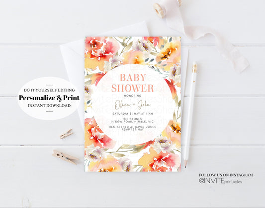 Floral Baby Shower Invitation Watercolor Pink Orange Pink Red Boho Flowers Gender Neutral Spring Summer Modern Editable Invite Template 227