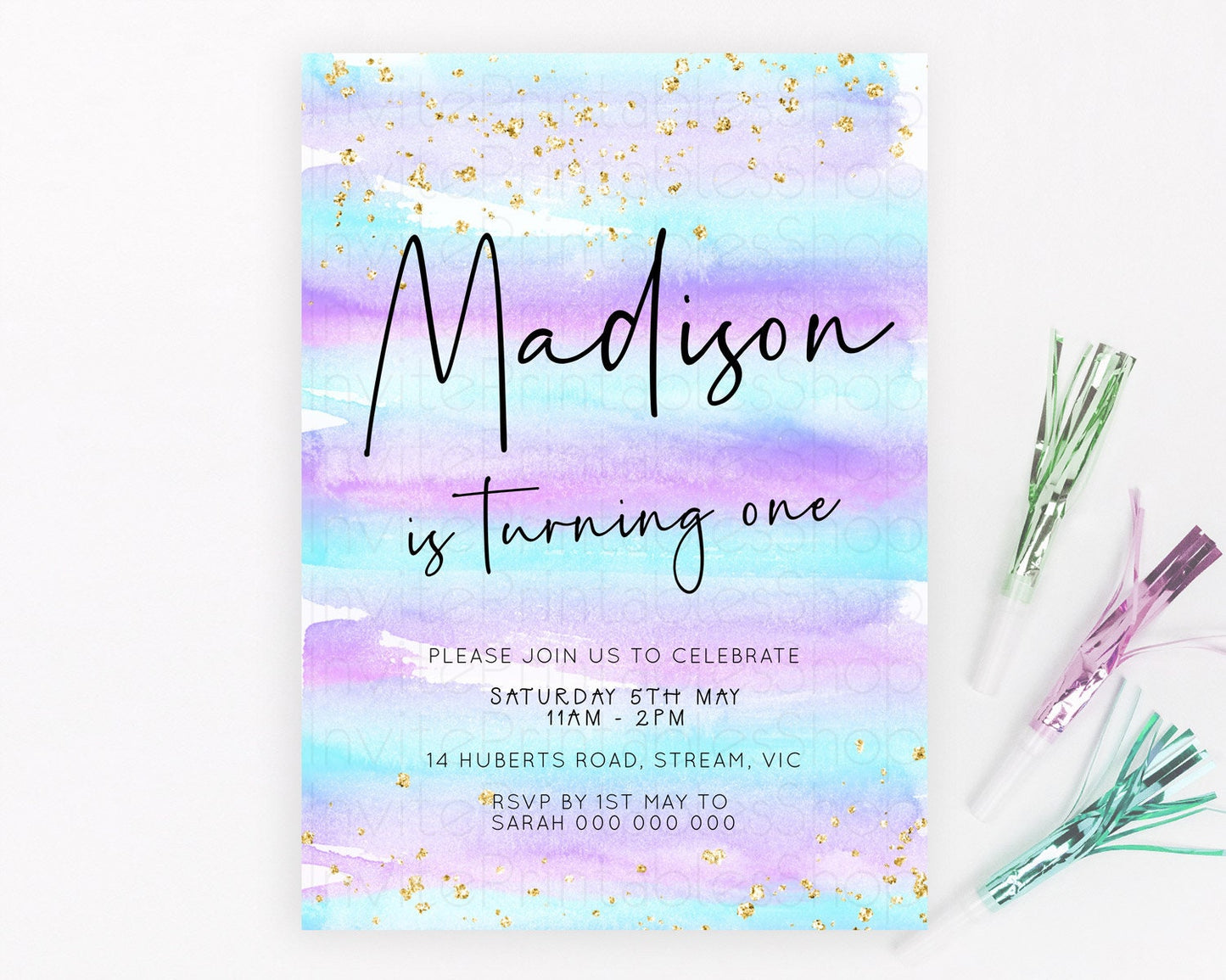 Pastel Birthday Invitation Ombre Watercolor Birthday Invitation Glitter Rainbow Color Splash 1st 2nd 3rd Birthday Invitation D23033