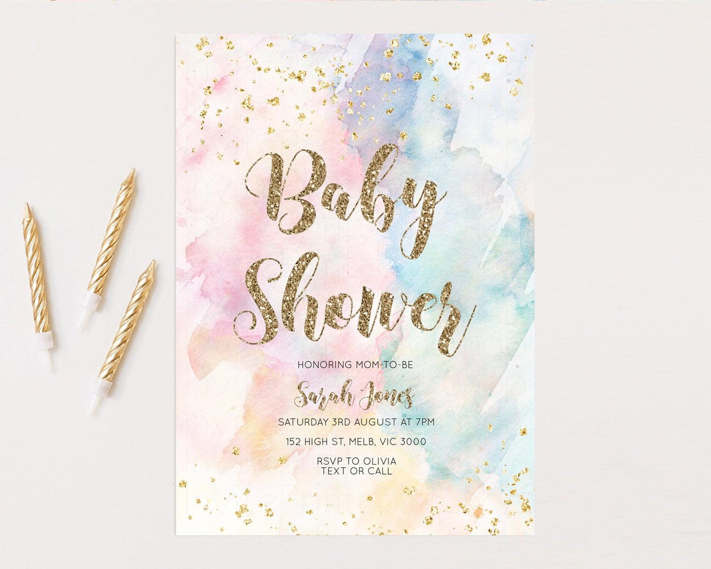 Rainbow Baby Shower Invitation Pastel Baby Shower Invitation Watercolor Ombre Invitation Rainbow Pastel Colors Invite Glitter Confetti 276