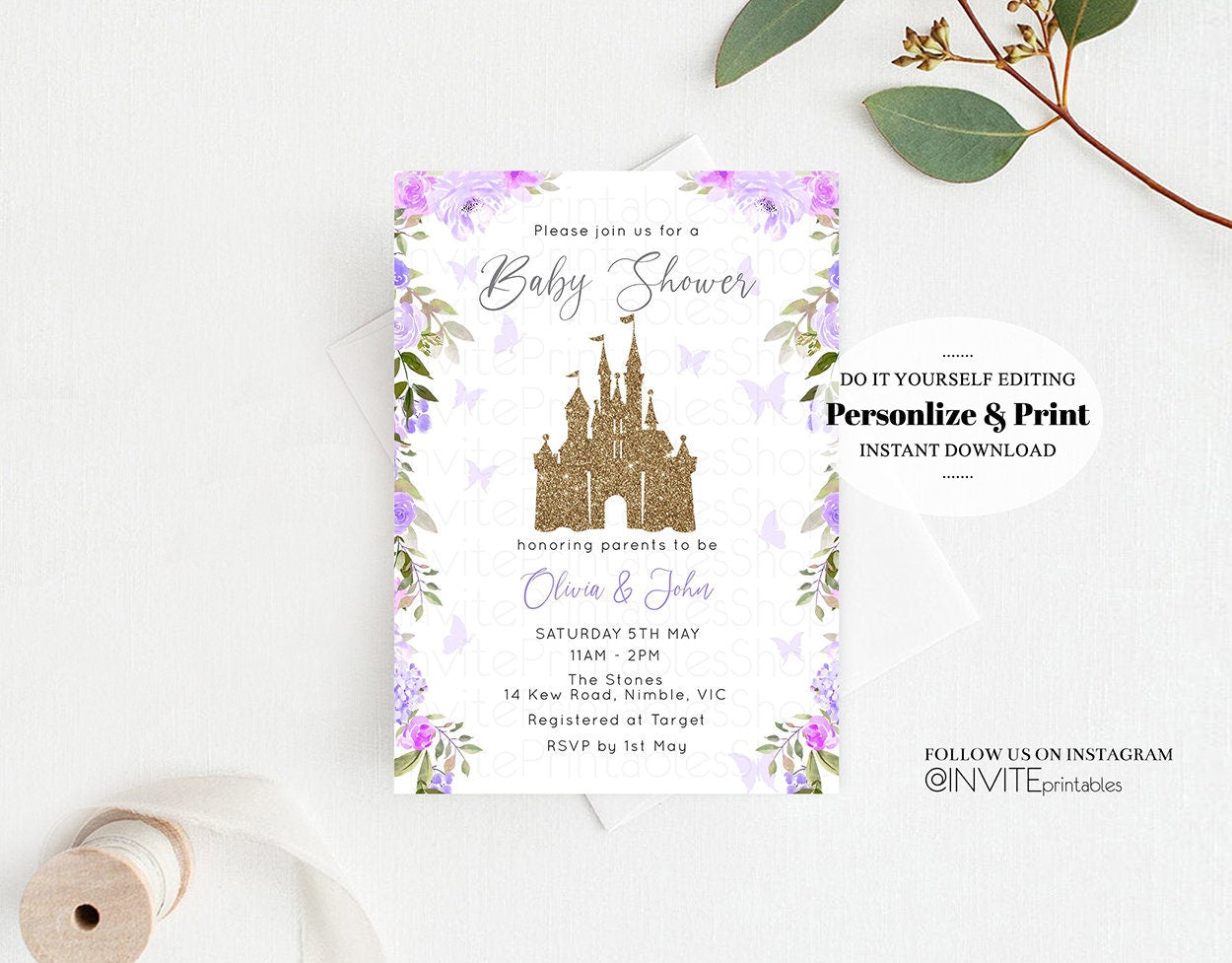 Princess Baby Shower Castle Invitation Disney Invitation Glitter Pastel Florals Secret Garden Enchanted Castle Magical Butterflies Flutters