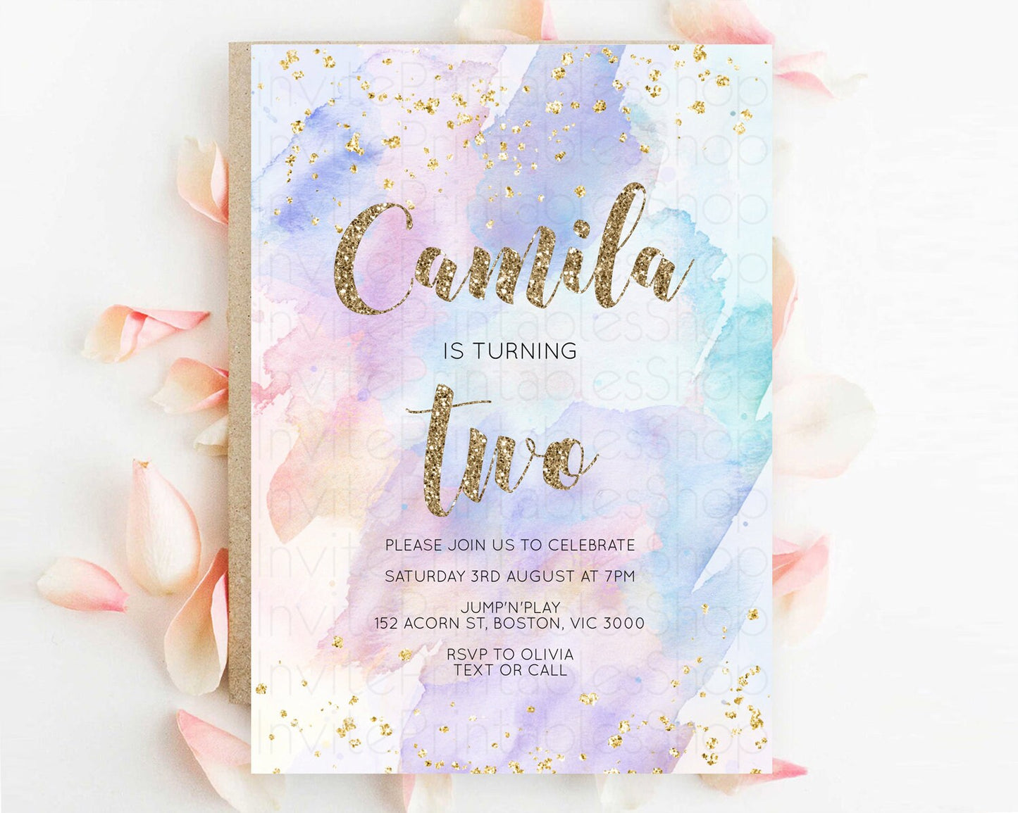 Rainbow Birthday Invitation Colorful Pastel Watercolor Invitation Gold Glitter Sprinkles Ombre Pastel 1st 2nd 3rd Birthday D10583