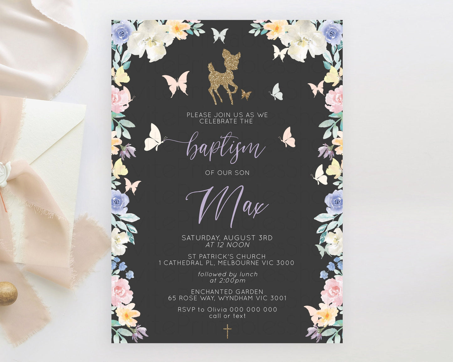 Fawn Baptism Invitation Deer Baptism 1st Birthday Invitation Enchanted Forest Christening Invitation Pastel Garden Butterfly Floral D10323