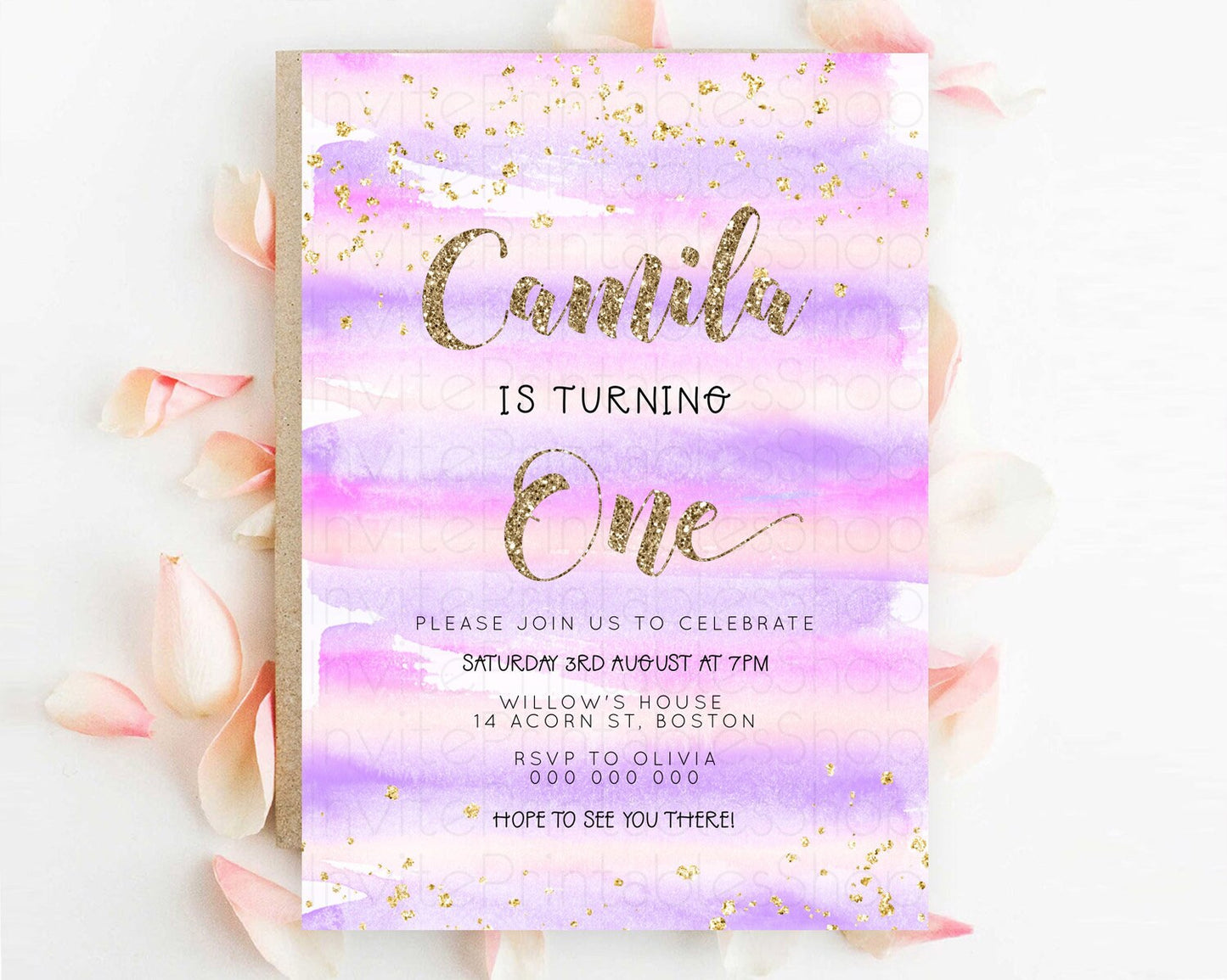 Pink Birthday Invitation pink Watercolor Invitation Pastel pink Watercolor Invitation pink Splash Gold Invitation 1st First Birthday D23266