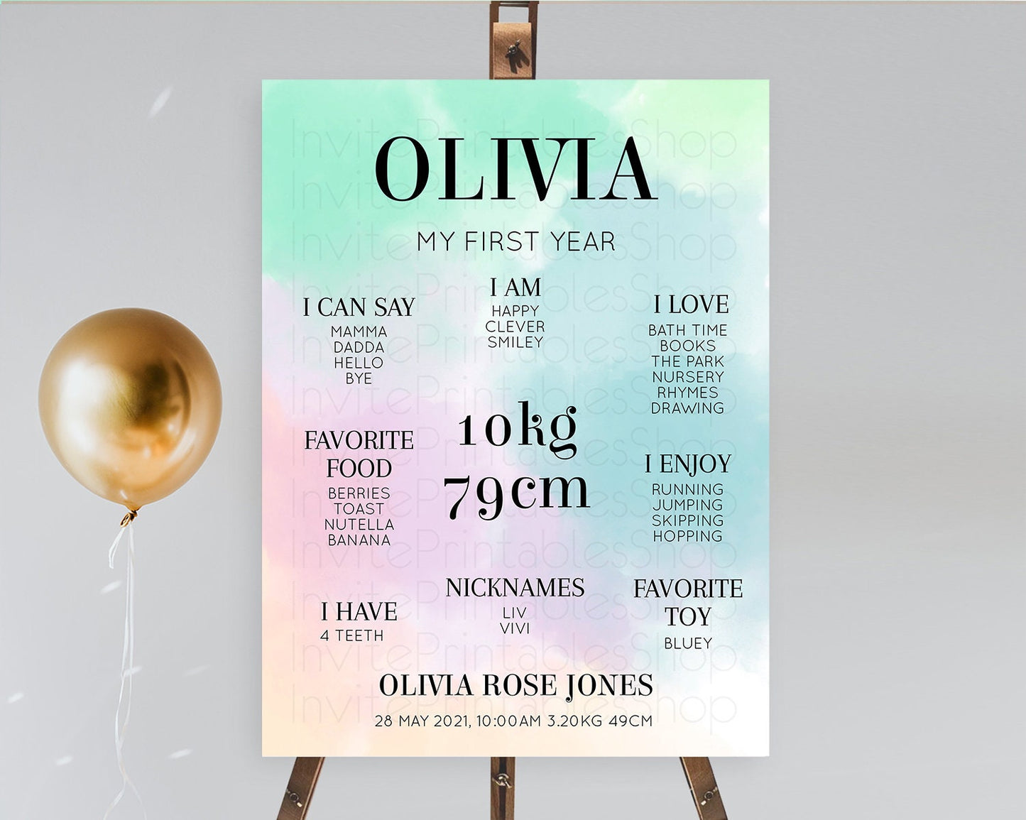 Pastel First Birthday Milestone Board Pastel Rainbow Milestone Poster Colorful Confetti Watercolor Glitter 1st Birthday Welcome Sign D10375