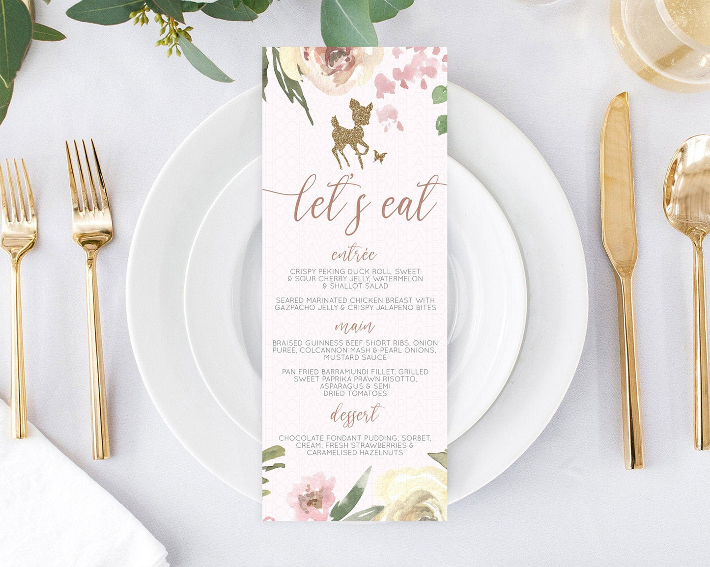 Fawn Menu Deer Menu Template Pastel Floral Deer Table Decor Enchanted Forest Butterfly Floral Dinner Dessert Menu Party Food Menu D10193