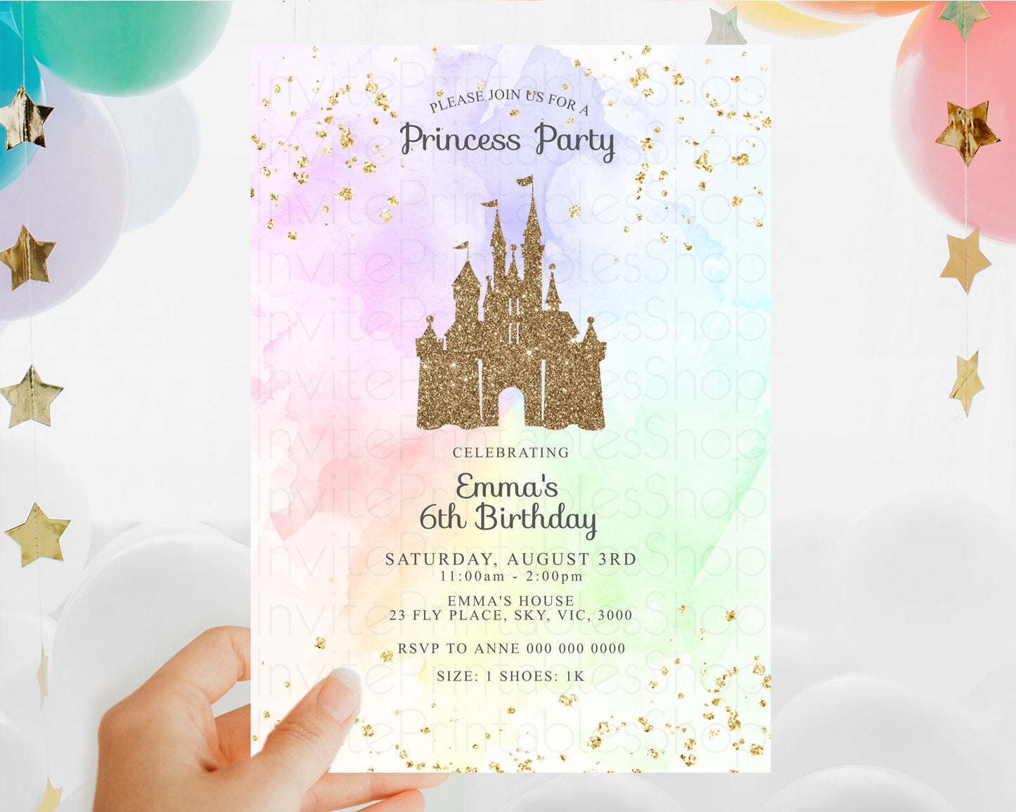 Princess Birthday Invitation Princess Invitation Pastel Invitation Royal Birthday Rainbow Color Enchanted Castle 1st First Birthday D10658