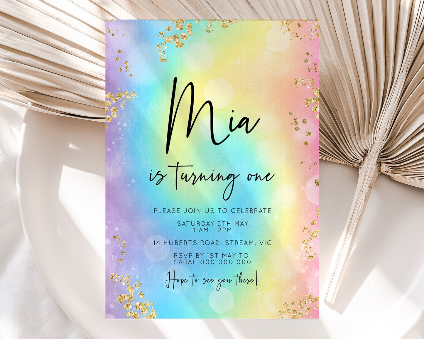 Rainbow Birthday Invitation Glitter Pastel Invitation Colorful Watercolor Gold Foil Splatter Sprinkles Ombre Glitter Invite 1st 2nd 3rd t571