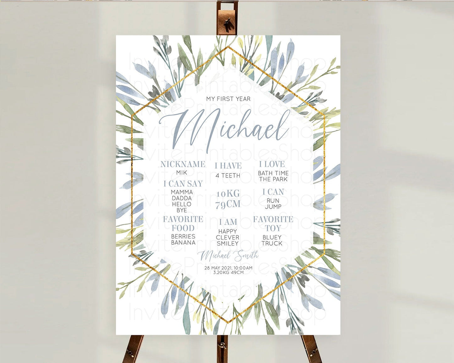 Leafy First Birthday Milestone Board Green Leaf Milestone Poster Greenery Eucalyptus Fern Spray Leaves Watercolor 1st Birthday Sign D10532
