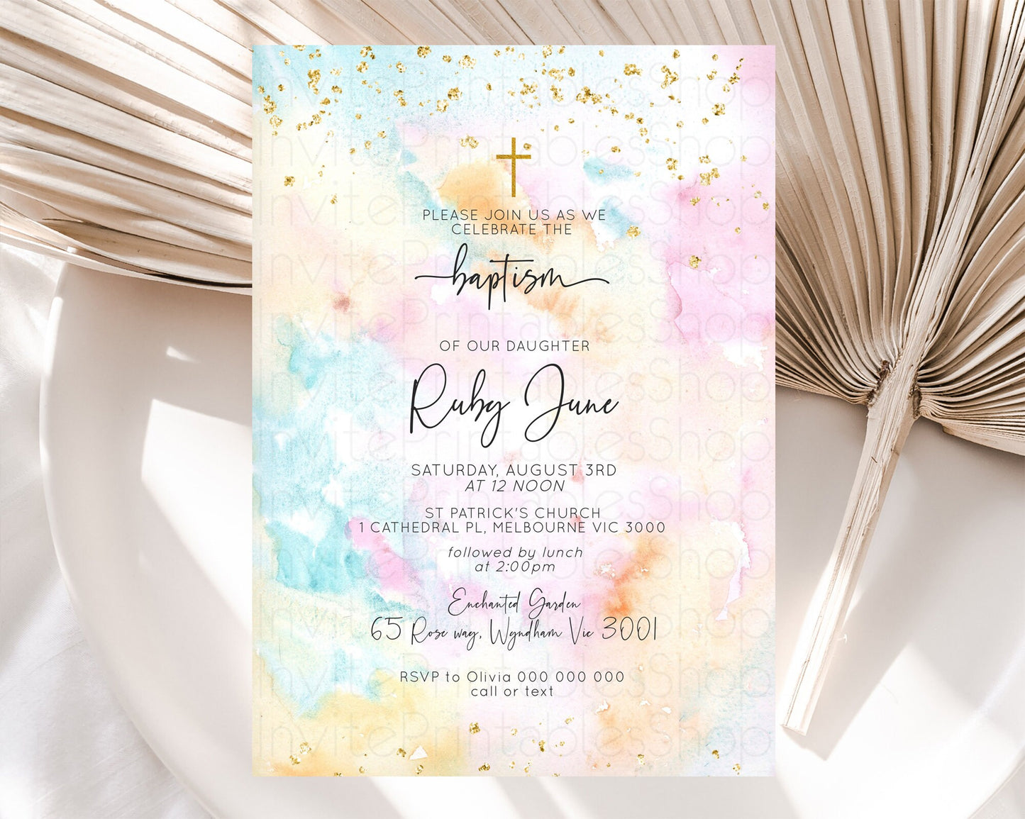 Pastel Baptism Invitation Pastel Colors Watercolor Baptism 1st Birthday Party Gold Ombre Pastel Rainbow Christening Holy Communion D10548