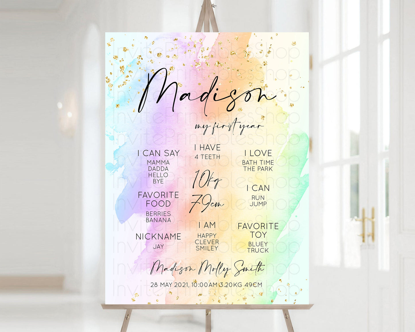 Pastel First Birthday Milestone Board Pastel Rainbow Milestone Poster Watercolor Glitter One Year Poster Colorful Splash Baby 1st Year