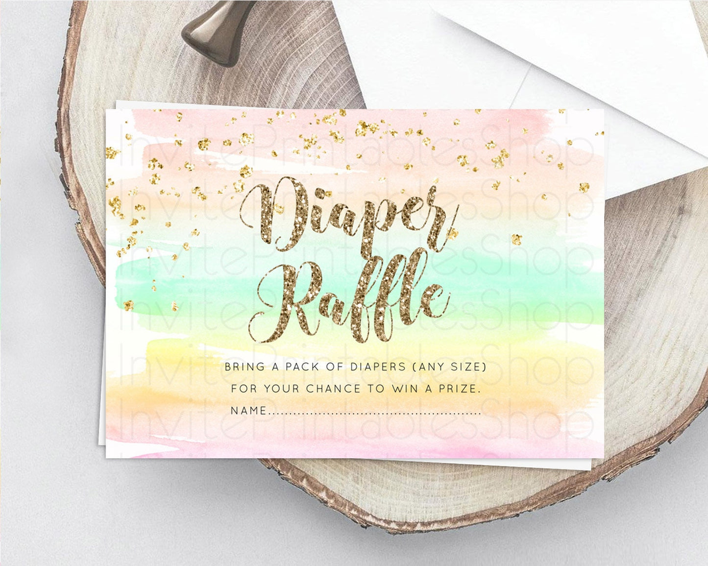 Pastel Diaper Raffle Card Pastel Rainbow Diaper Raffle Insert Colorful Ombre Watercolor Diaper Ticket Confetti Glitter Raffle Game D10592