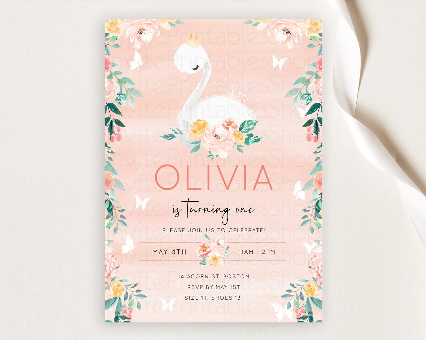 Swan Birthday Invitation Swan Princess Ballet Invitation Enchanted Forest Swan Lake Party Secret Garden Watercolour Pastel Floral D10884