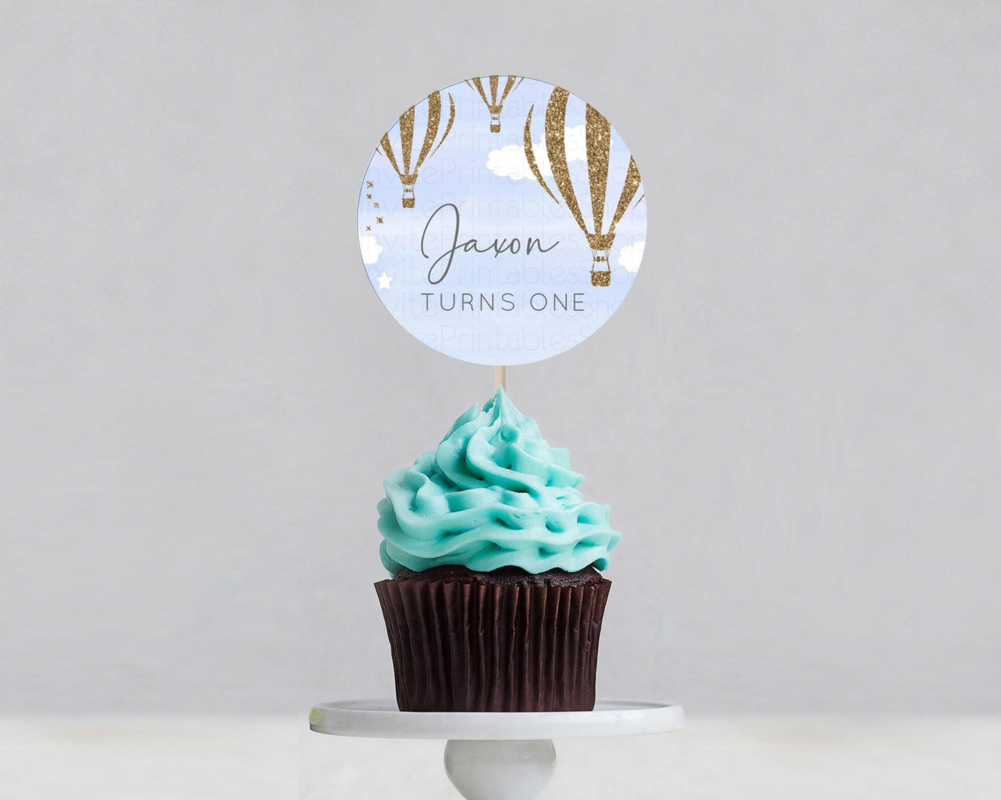 Hot Air Balloon Cupcake Toppers Adventure Awaits Up & Away Glitter Blue Watercolor Cupcake Topper Hot Air Balloon Party Decor D10333