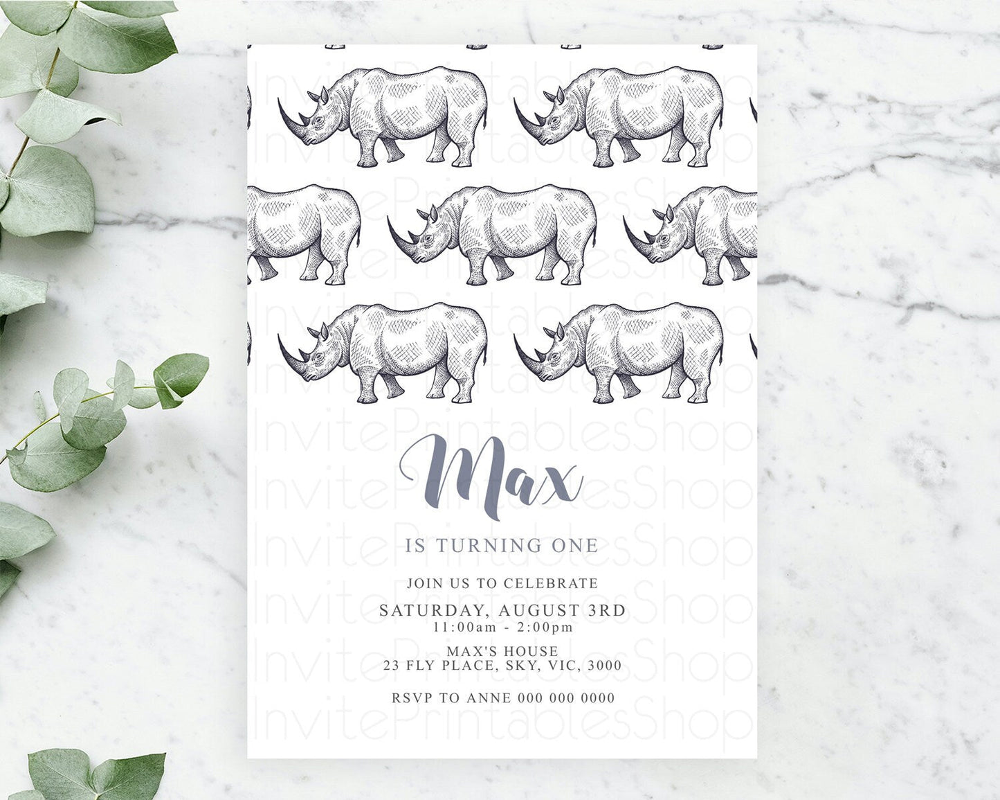 Rhino Birthday Invitation Rhino Invitation Rhino Birthday Rhino Safari Adventure Invite Rhino Palm Leaf Invite Zoo Party D10253