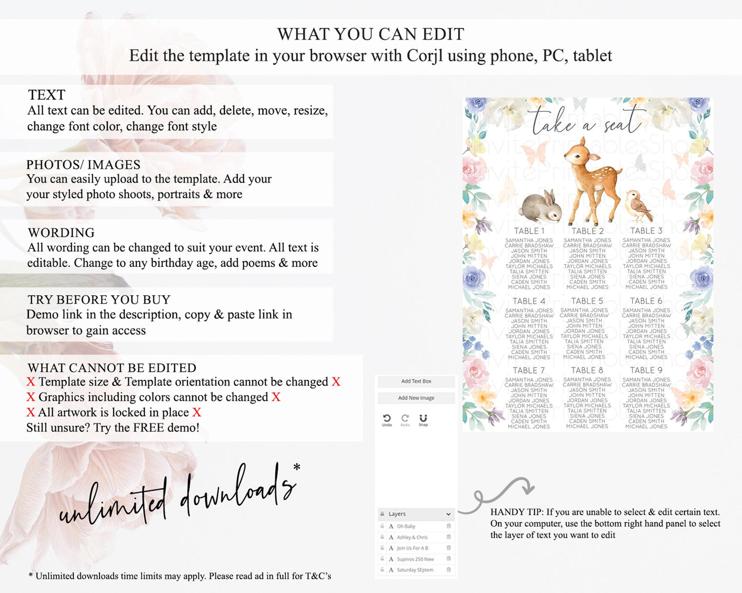 Fawn Seating Chart Deer Seating Chart Enchanted Forest Party Butterfly Pastel Flowers Whimsical Seating Chart Woodland Seating Sign D10930