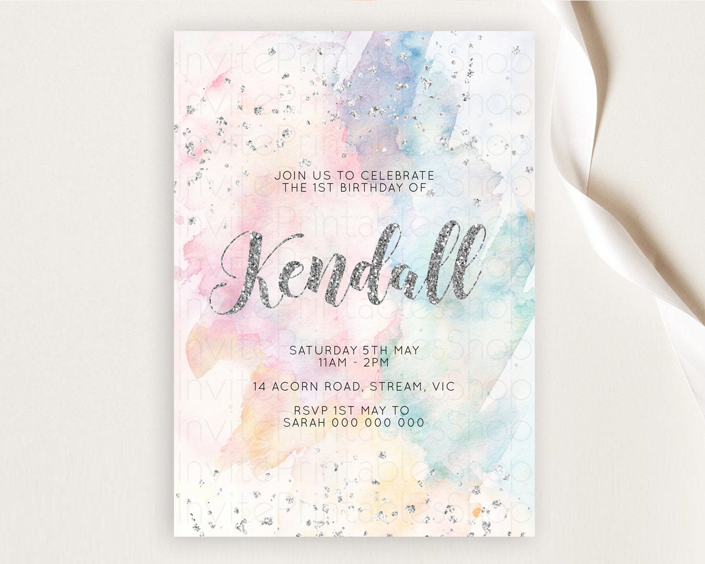 Rainbow Birthday Invitation Colorful Pastel Watercolor Silver Glitter Sprinkles Ombre Pastel Invitation 1st 2nd 3rd First Birthday D10944
