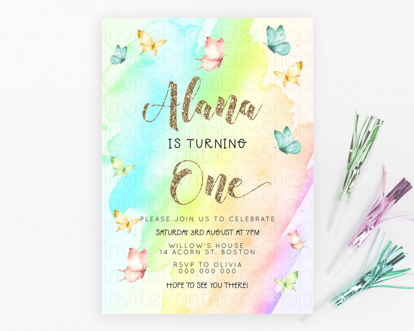 Pastel Butterfly Birthday Invitation Butterfly Birthday Invitation Colorful Splash Glitter Butterfly Garden 1st 2nd Birthday D23235