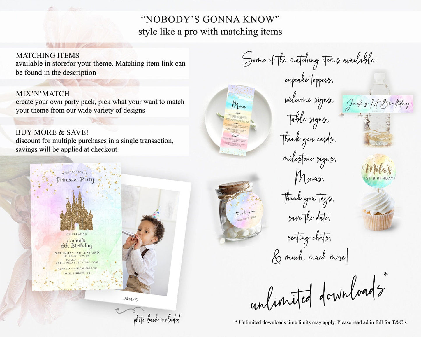 Princess Birthday Invitation Princess Invitation Pastel Invitation Royal Birthday Rainbow Color Enchanted Castle 1st First Birthday D10658