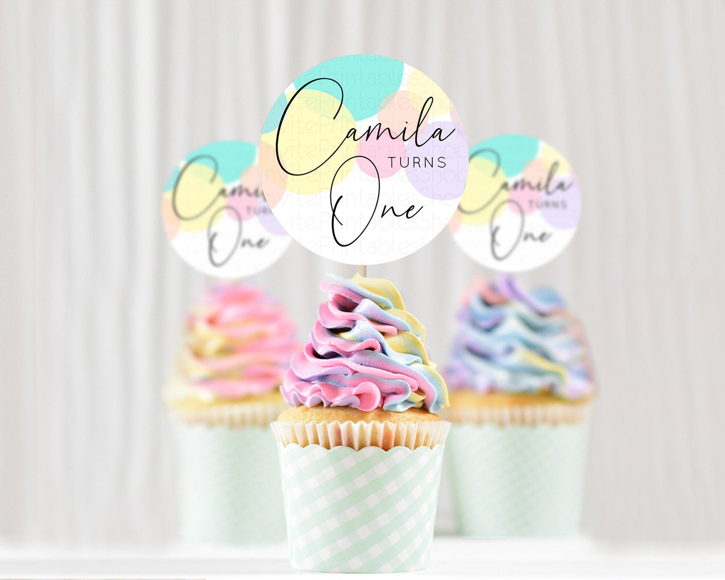 Pastel Cupcake Toppers Pastel Confetti Cupcake Topper Bubbles Sprinkles Colorful Rainbow Confetti Cupcake First Birthday Party Decor D10784