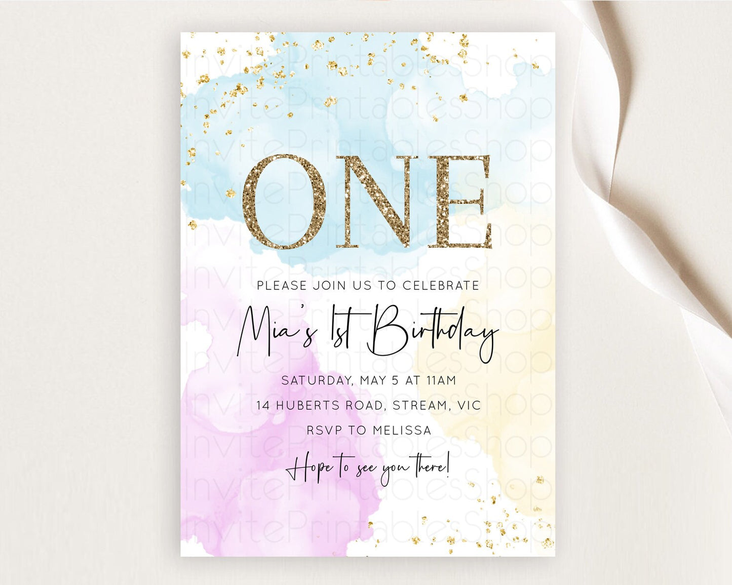 Rainbow Birthday Invitation Colorful Pastel Watercolor Invitation Gold Glitter Sprinkles Ombre Pastel 1st 2nd 3rd Birthday D10155