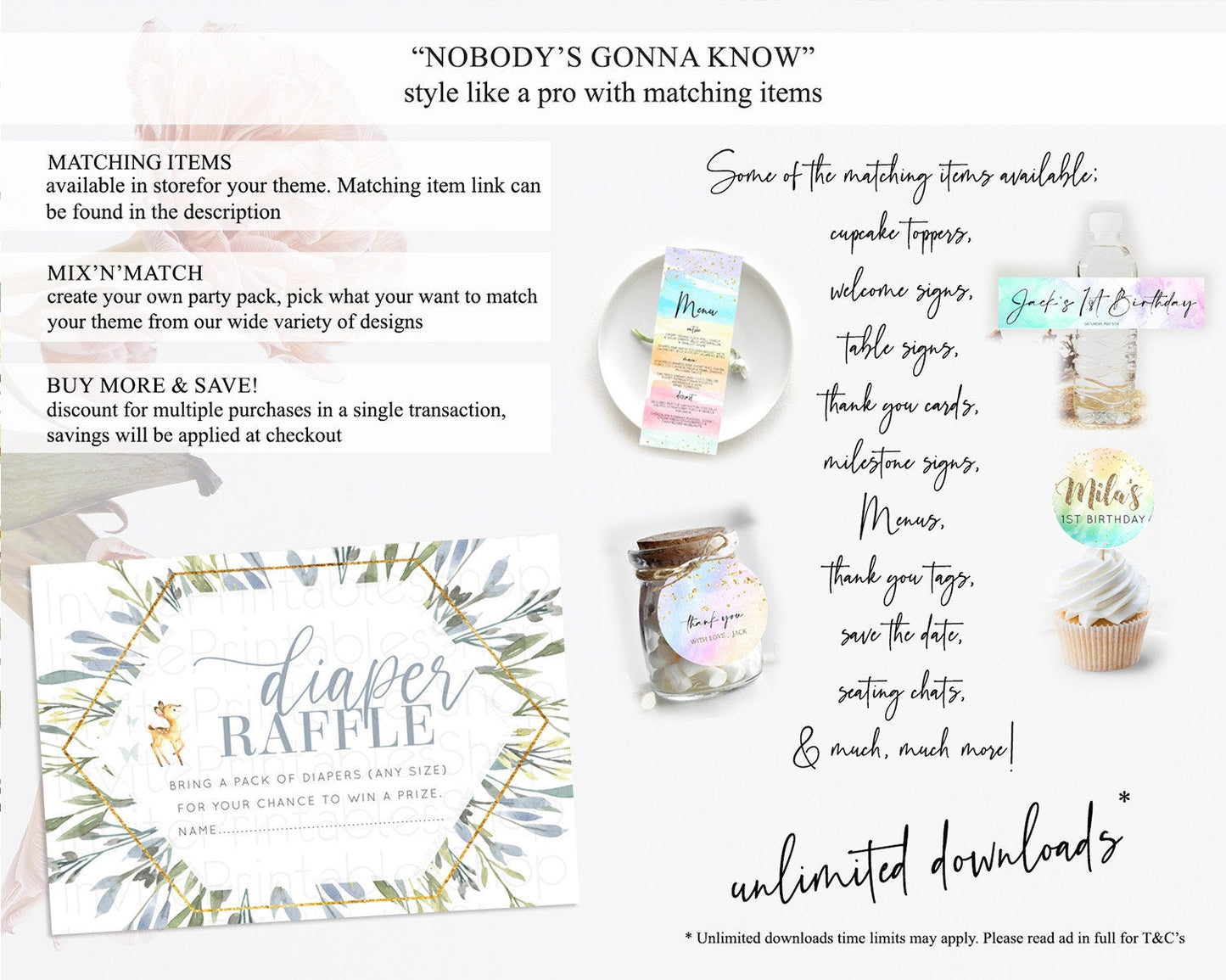 Fawn Diaper Raffle Card Deer Diaper Insert Floral Deer Diaper Ticket Enchanted Forest Butterfly Pastel Baby Shower Raffle Game D10400