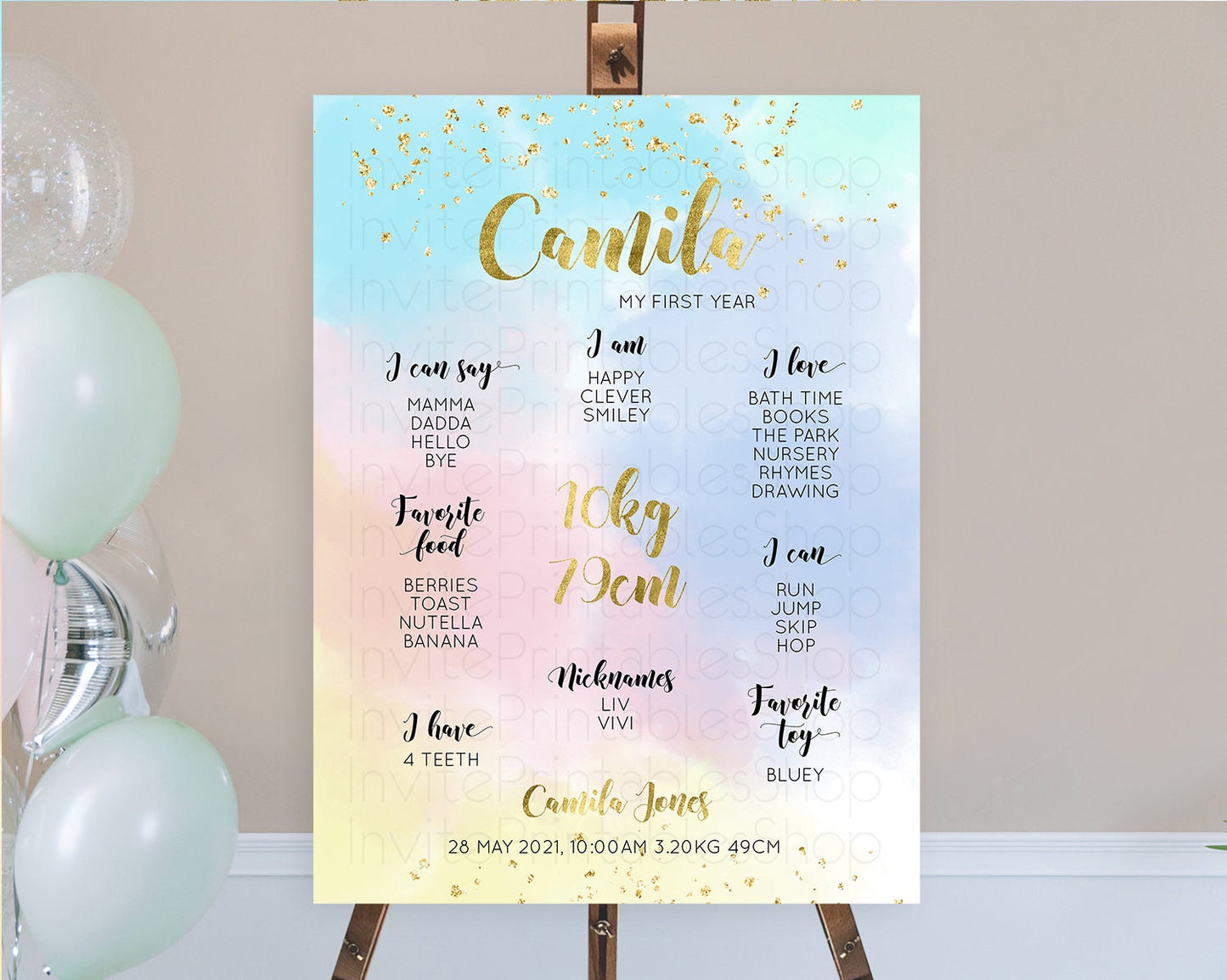 Pastel First Birthday Milestone Board Pastel Rainbow Milestone Poster Colorful Confetti Watercolor Glitter 1st Birthday Welcome Sign D10892