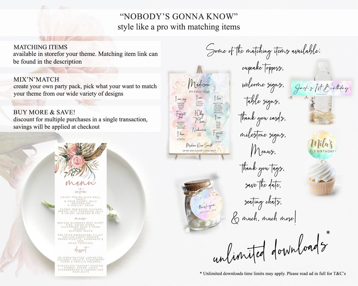 Secret Garden Menu Wildflower Menu Template Pastel Flower Garden Table Decor Boho Floral Dinner Dessert Floral Party Food Menu D10686