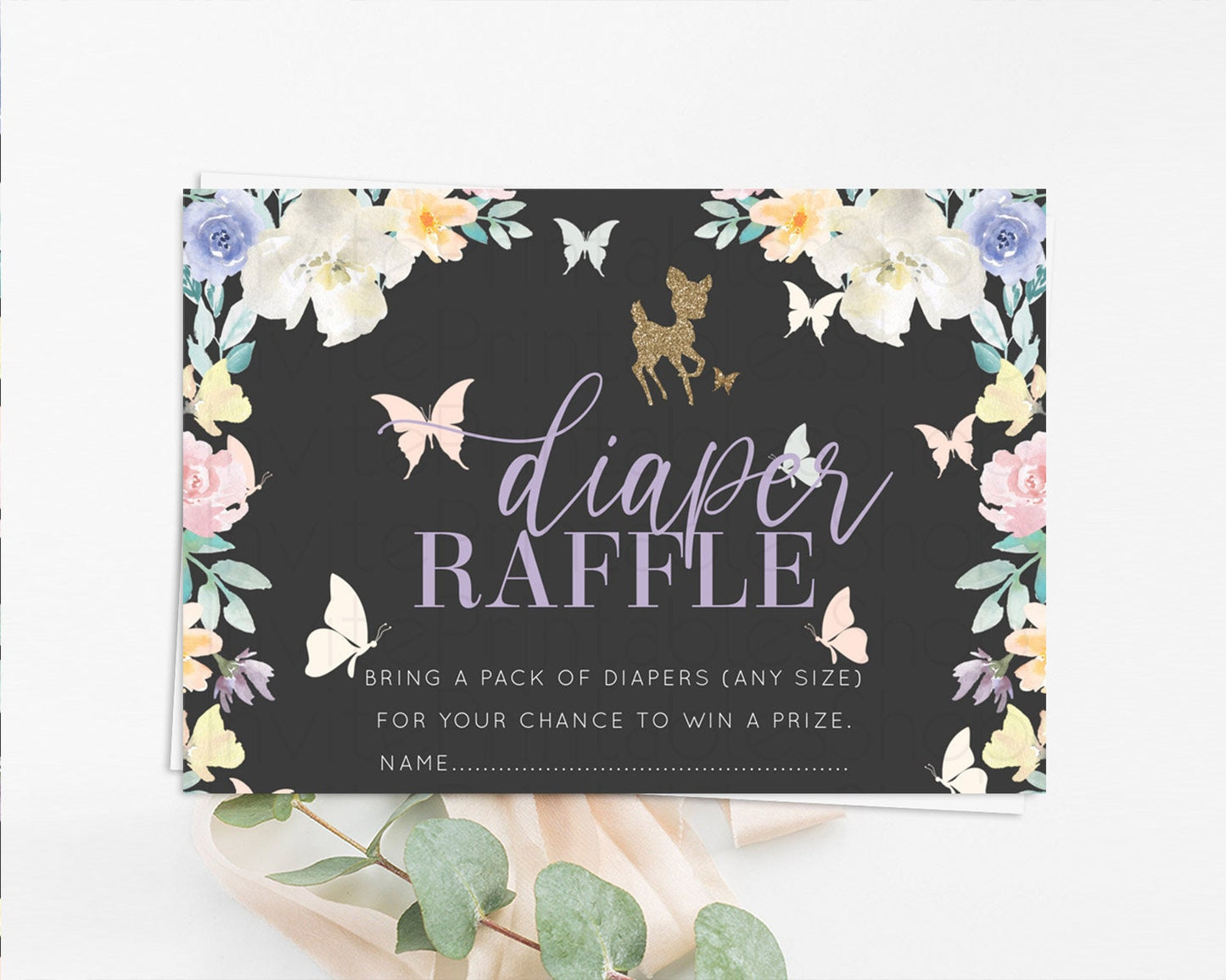 Fawn Diaper Raffle Card Deer Diaper Insert Floral Deer Diaper Ticket Enchanted Forest Butterfly Pastel Baby Shower Raffle Game D10323