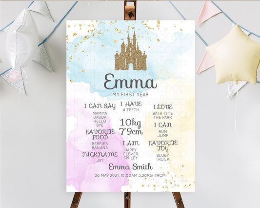 Princess First Birthday Milestone Poster Pastel Princess Milestone Board Pastel Rainbow Colorful Enchanted Castle 1st Birthday Sign D10154