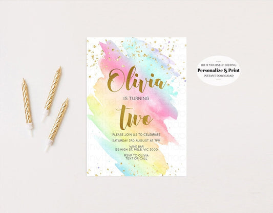 Editable Rainbow Birthday Invitation Pastel Birthday Invitation Colorful Wat