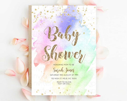 Editable Pastel Rainbow Baby Shower Invitation, Colorful Watercolor Splash,