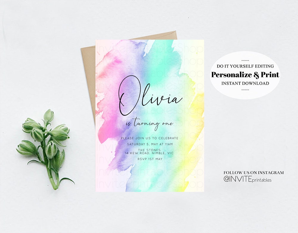 Rainbow Birthday Invitation Ombre Pastel Invite Colorful Watercolor Splash Invite Gold Glitter Sprinkles 1st 2nd 3rd Birthday Invite C210