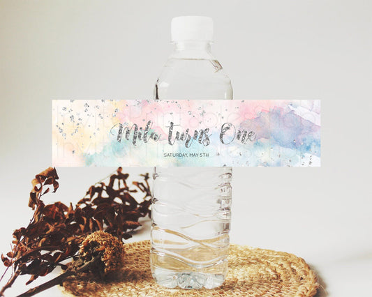 Editable Pastel Silver Water Label Template Rainbow Colorful Ombre Colorful