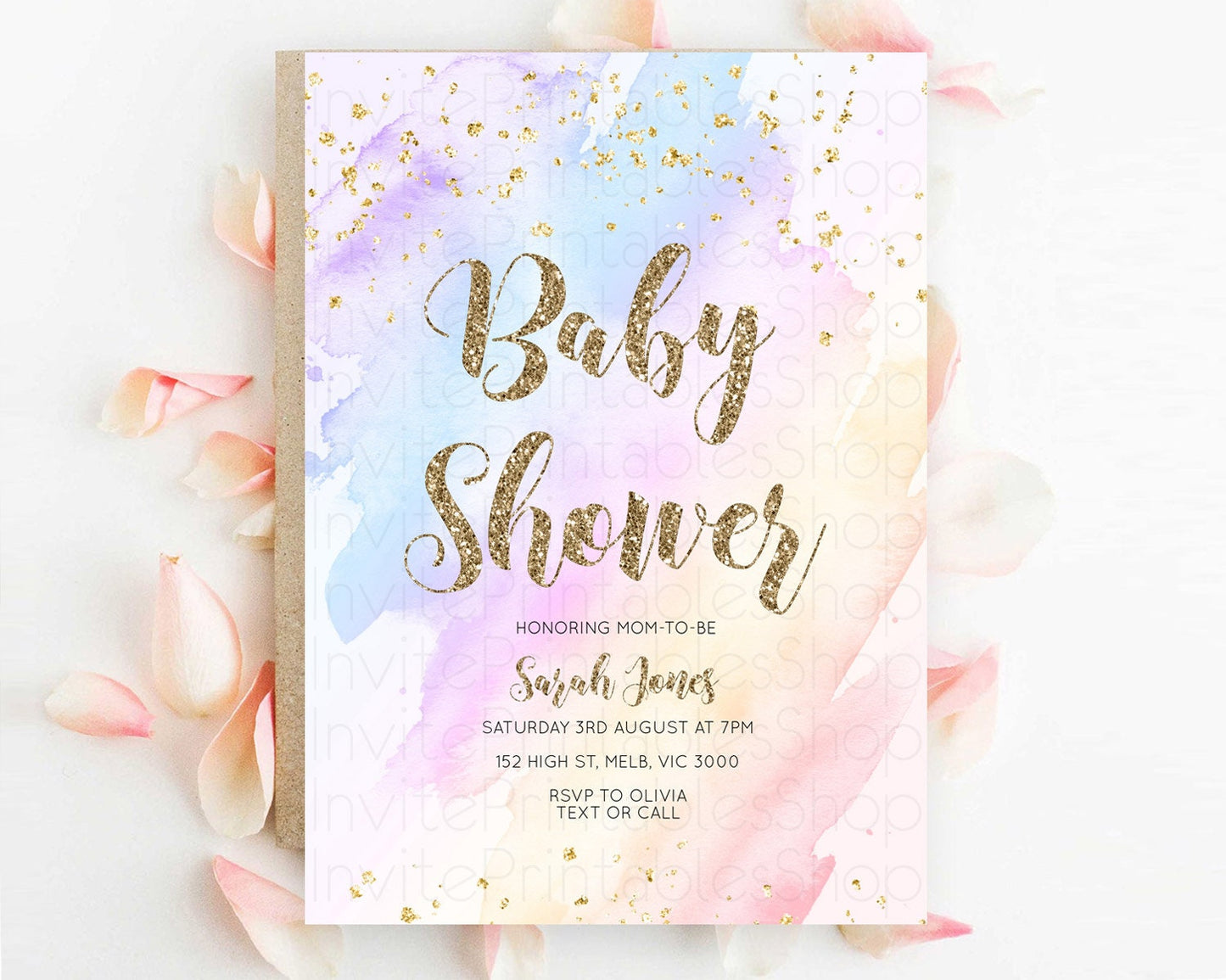 Pastel Baby Shower Invitation Rainbow Baby Shower Invitation Colorful Pastel Watercolor Invitation Gold Glitter Sprinkles Ombre D10633