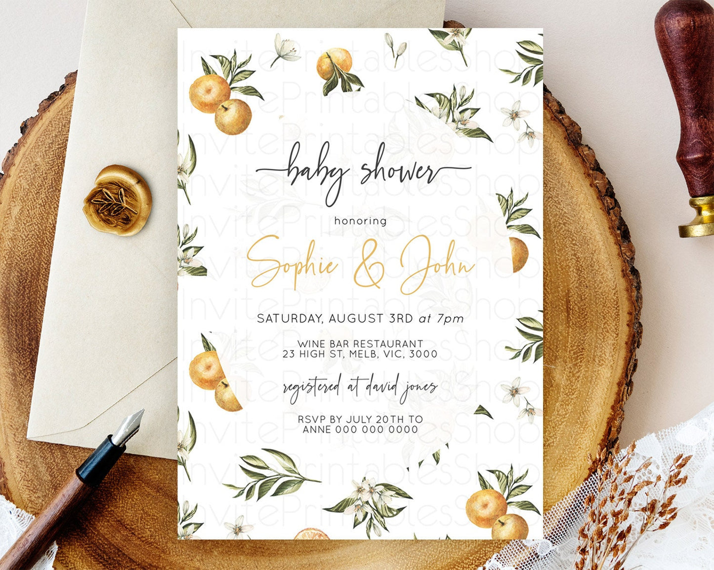 Citrus Baby Shower Invitation Orange Lemon Invitation Citrus Floral Garden Theme Citrus Floral Watercolor Invitation D10545