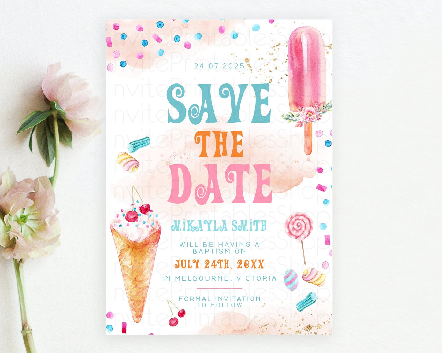 Ice Cream Save The Date Sweet One Save The Date Template Heres The Scoop Party Pastel Candy Theme 1st Birthday Baptism Baby Shower D10554