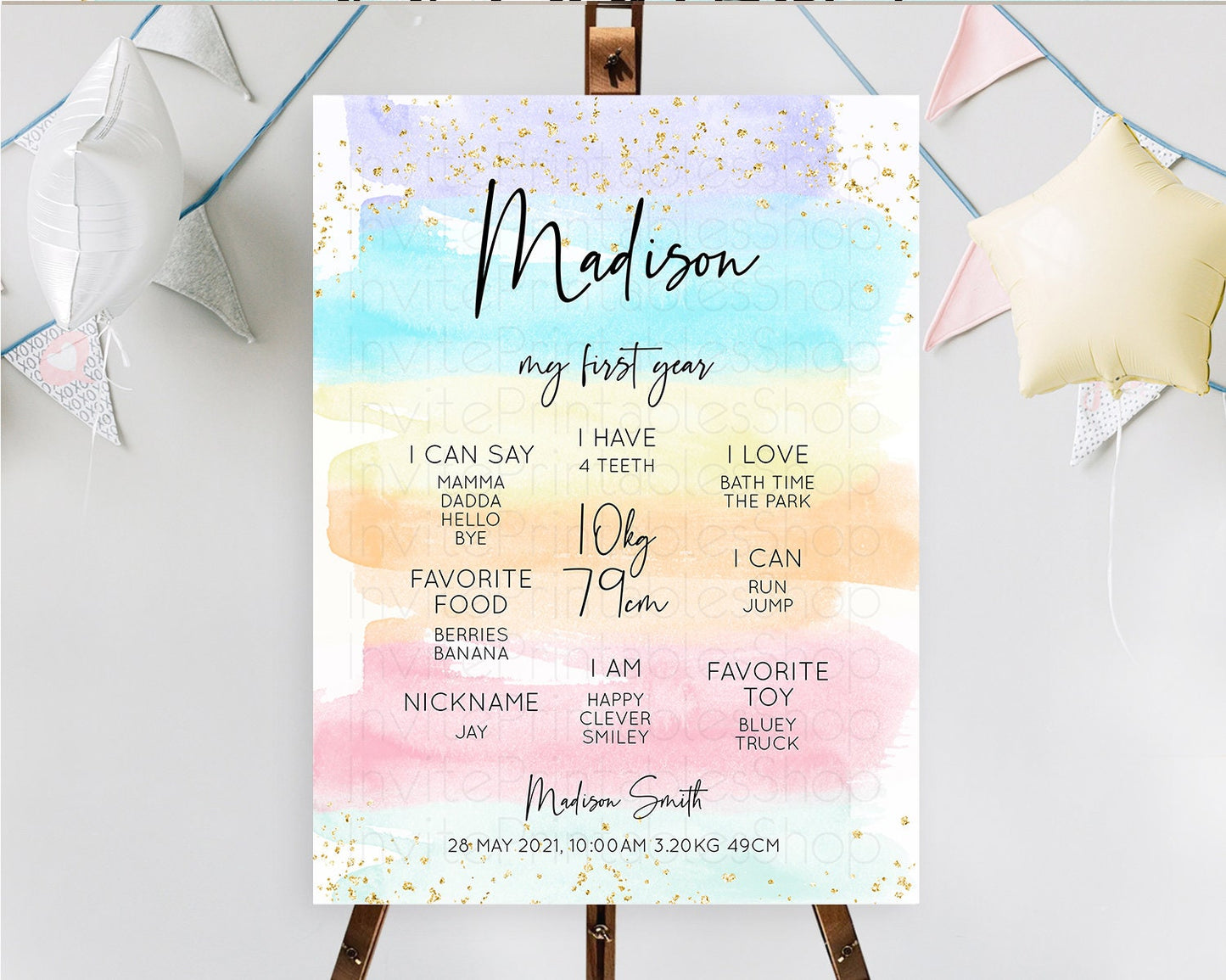 Editable Pastel First Birthday Milestone Board Pastel Rainbow Milestone Post
