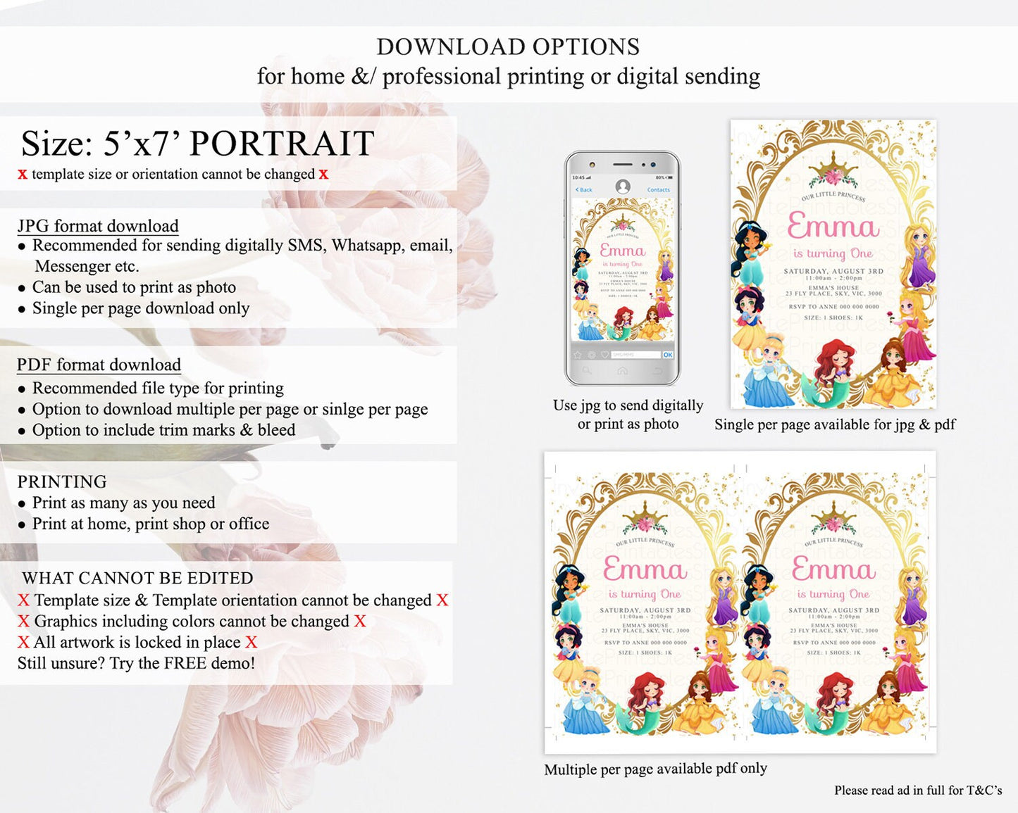 Princess Birthday Invitation Castle Invitation Royal Birthday Fairy Tale Enchanted Mirror Pastel Floral Garden 1st First Birthday D10150
