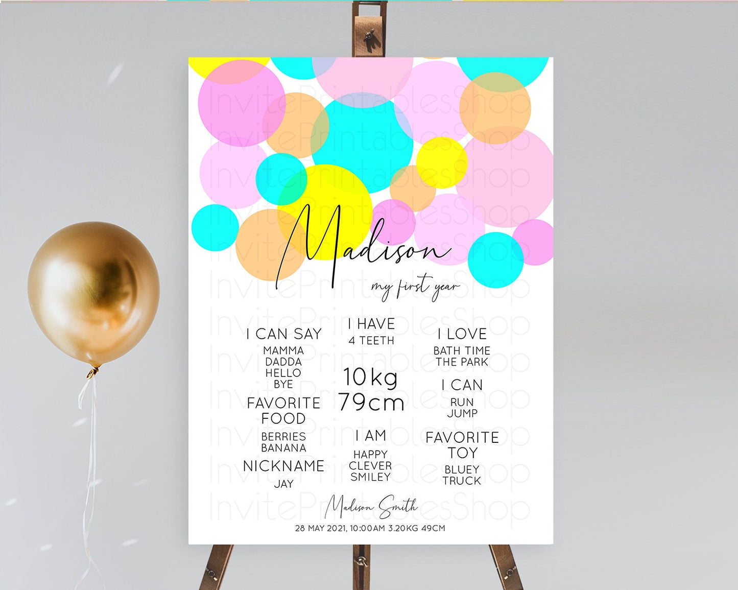 Pastel First Birthday Milestone Poster Pastel Rainbow Confetti First Birthday Milestone Board Colorful Bubbles Birthday Welcome Sign D10896