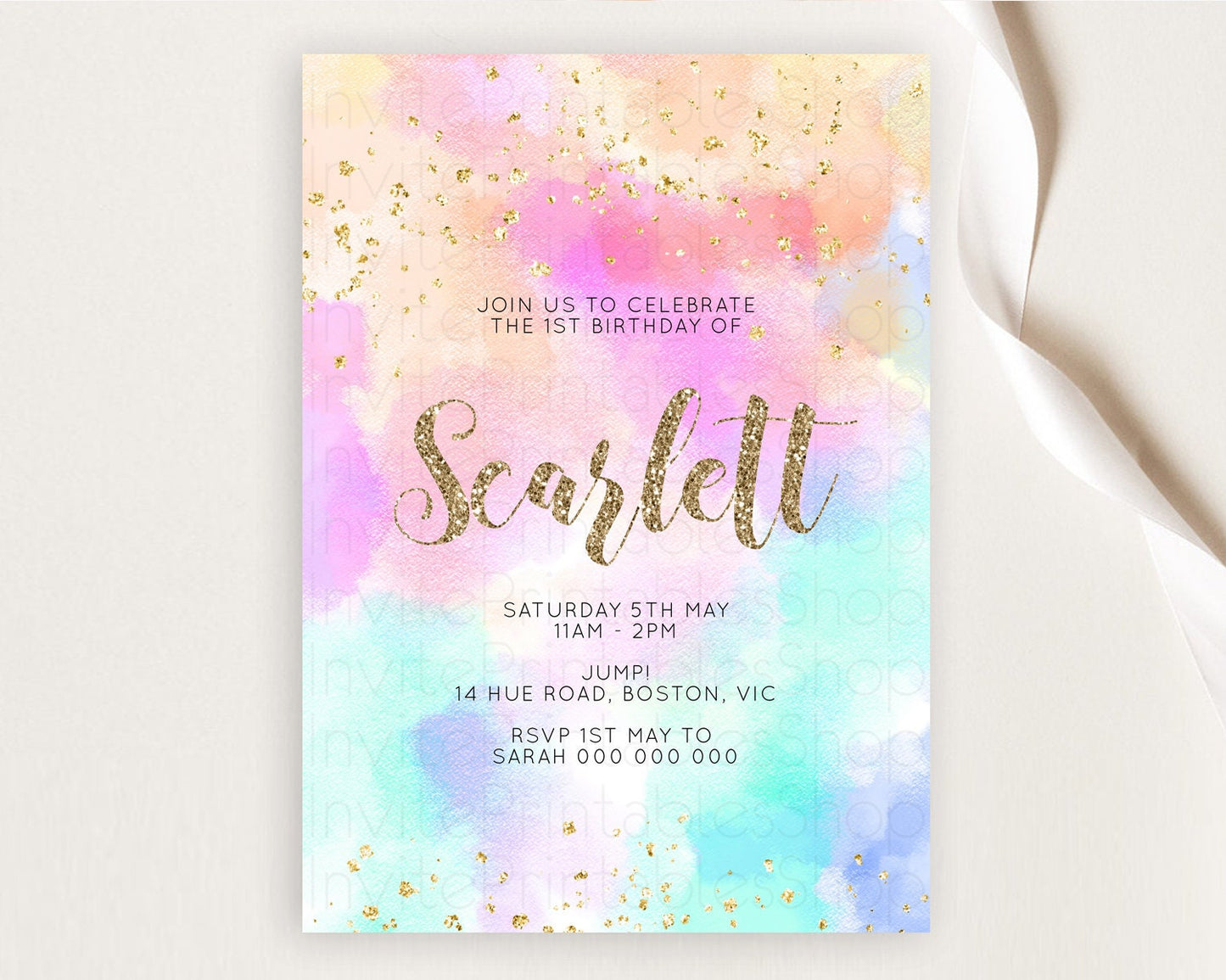 Rainbow Birthday Invitation Colorful Pastel Watercolor Invitation Gold Glitter Sprinkles Ombre Pastel 1st 2nd 3rd Birthday D10669