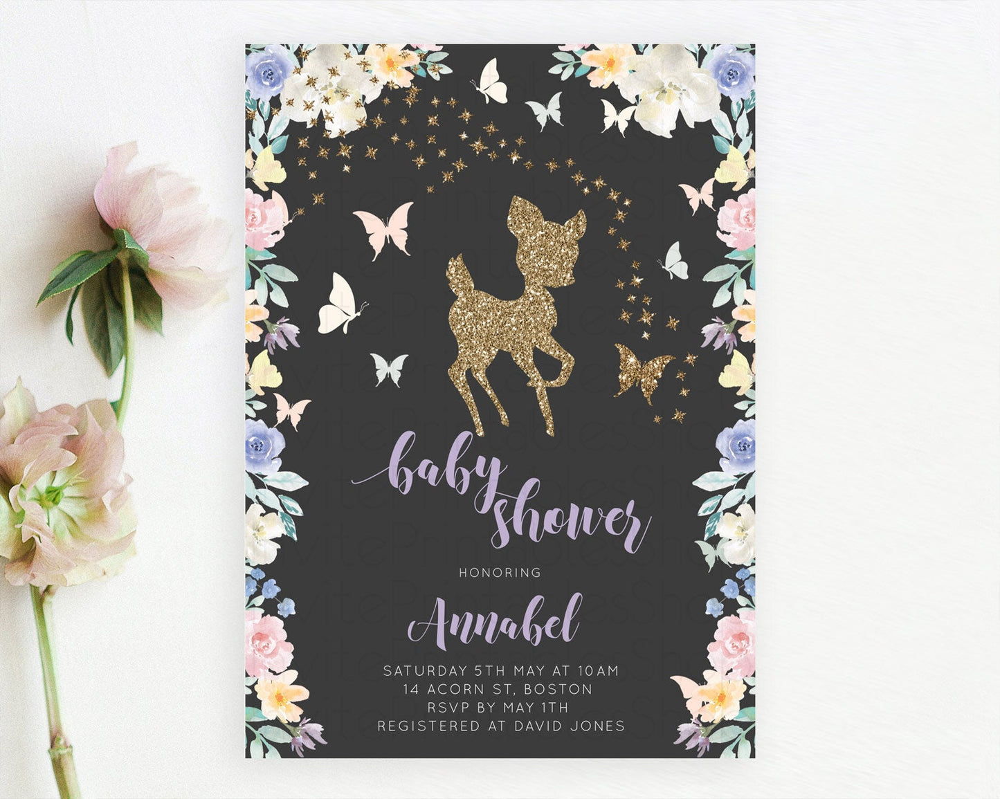 Fawn Baby Shower Invitation Deer Baby Shower Invites Enchanted Forest Theme Butterfly Pastel Flowers Whimsical Baby Shower D10880