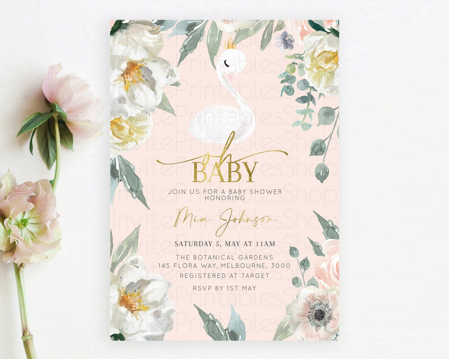 Swan Baby Shower Invitation Swan Princess Ballet Invitation Enchanted Forest Swan Lake Baby Shower Watercolour Pastel Floral D10115