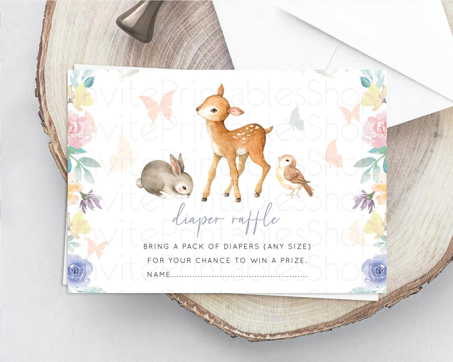 Fawn Diaper Raffle Card Deer Diaper Insert Floral Deer Diaper Ticket Enchanted Forest Butterfly Pastel Baby Shower Raffle Game D10930