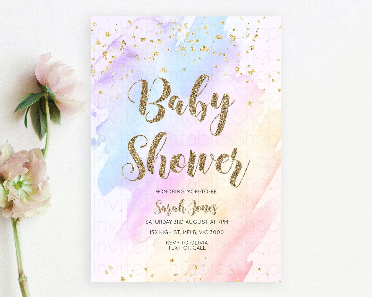 Pastel Baby Shower Invitation Rainbow Baby Shower Invitation Colorful Pastel Watercolor Invitation Gold Glitter Sprinkles Ombre D10633