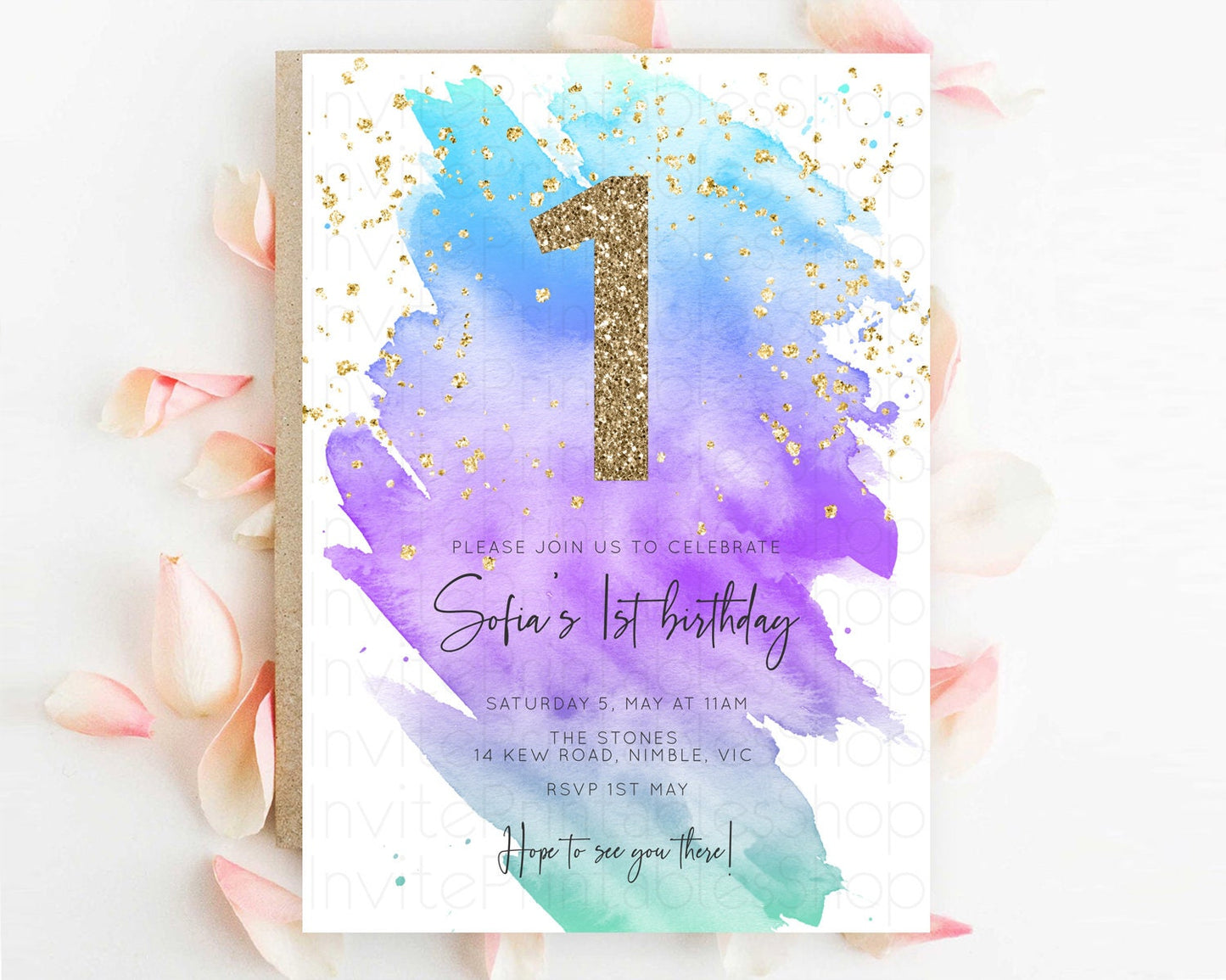 Rainbow Birthday Invitation Colorful Pastel Watercolor Invitation Gold Glitter Sprinkles Ombre Pastel 1st 2nd 3rd Birthday D10491